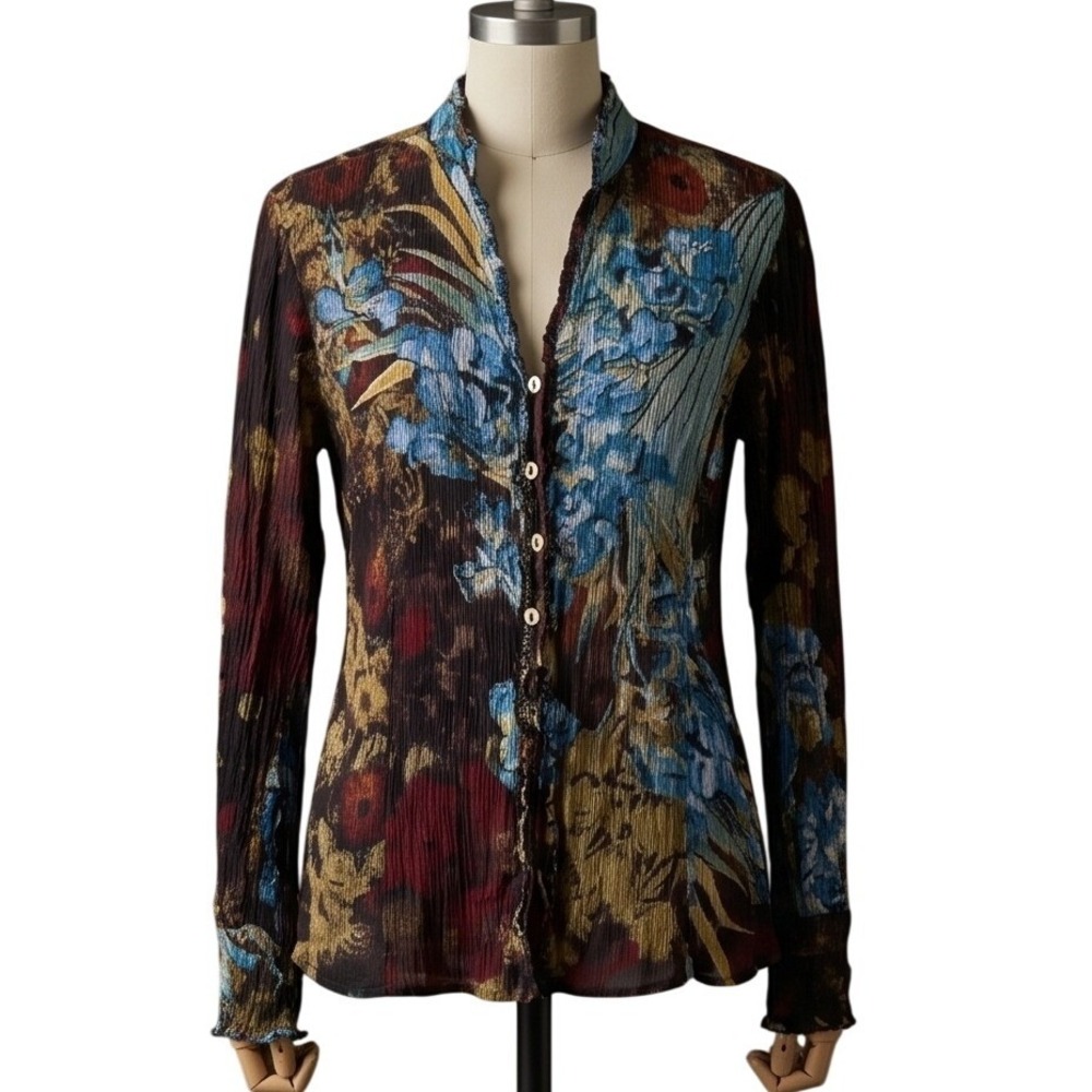 Citron Santa Monica M Silk Blouse Floral Crinkle Texture Button Up Top Medium